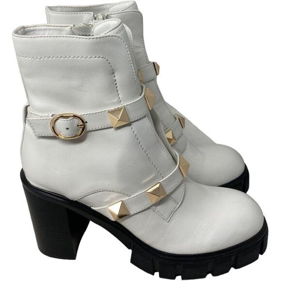 Vaneli Platform Boot Women's Size 7 M Davy White Studded Leather Buckle 4" Heel - Picture 1 of 9